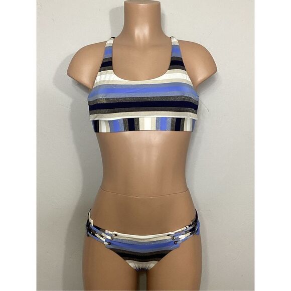 New. PILYQ blue stripe bikini set. L-top/S-bottom - Picture 2 of 9
